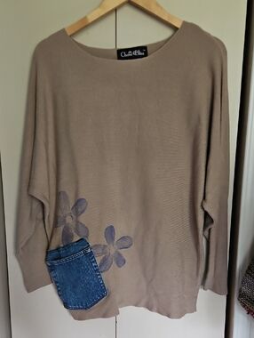 funk.u.self Taupe KNIT Blue Denim Pocket HAND stamped Flowers +Chenille Patch